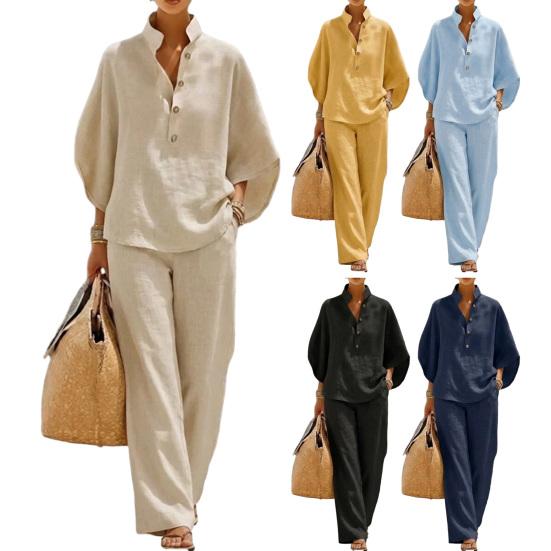 Women's Batwing Sleeve Linen Two-Piece Set Casual Shirt And Wide Leg Pants Outfit Summer Vacation Lounge Sets