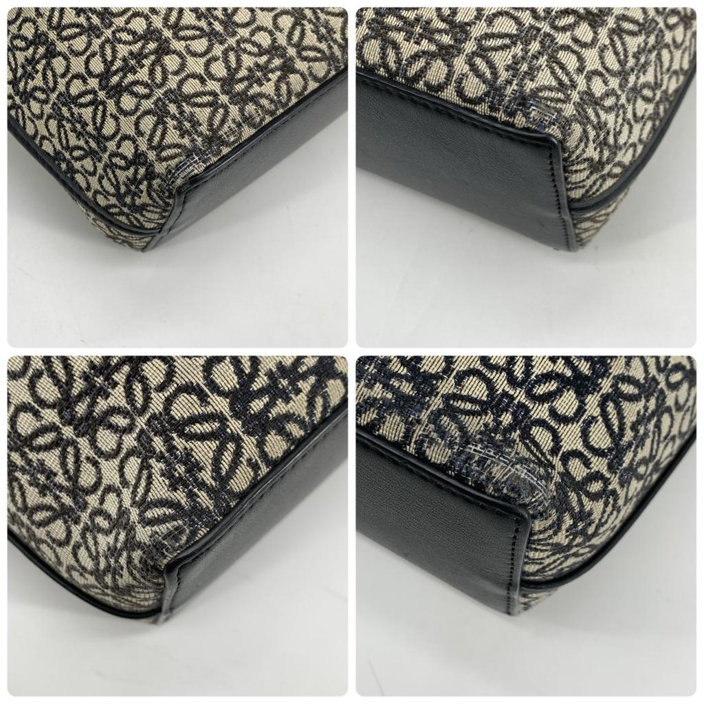 LOEWE Repeat Anagram Jacquard Square Tote Shoulder Bag Canvas Calf Leather Navy Blue Black