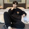 1set Men'S Casual Crew Neck Pajama Set, Cartoon Print, Polyester Knit Fabric, Slight Stretch, Loose Fit, Fall/Winter Warm Loungewear Set