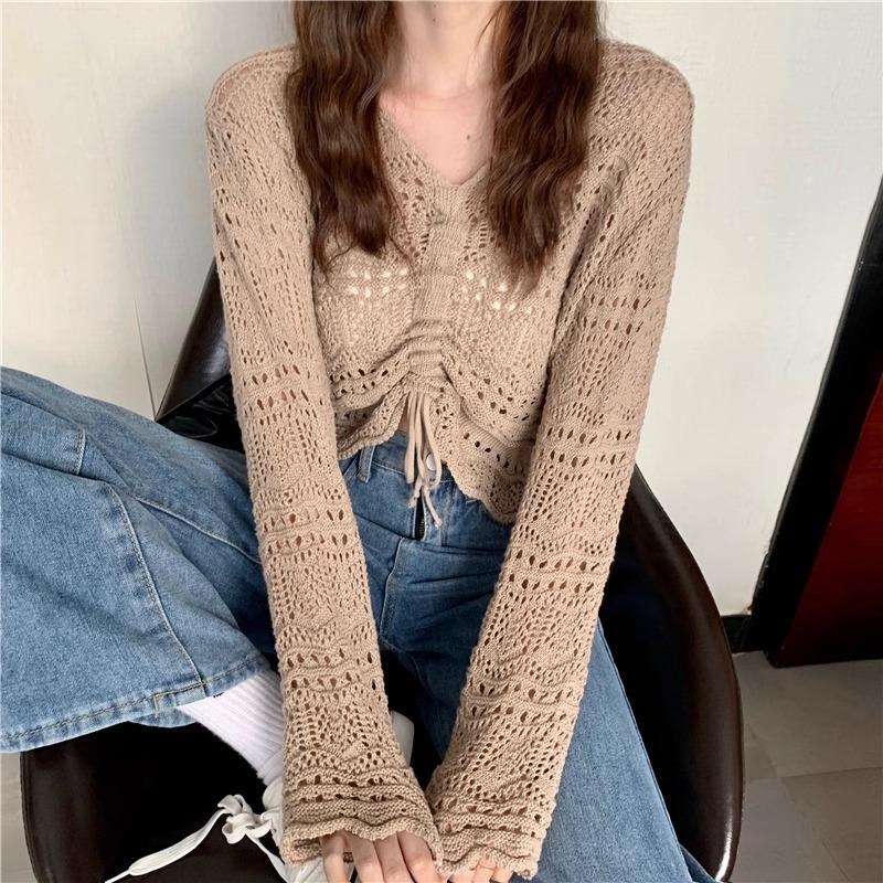 Hollow knitted sweater women's summer short drawstring v-neck lazy outside with sunscreen long-sleeved thin blouse top women