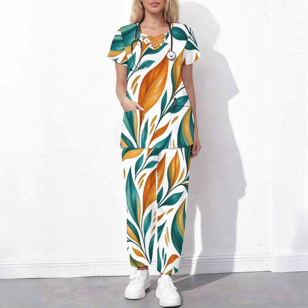 Women Plus Size Floral Printed Cutout Neck Short Sleeve Scrub Set With Pockets Top And Long Pants Two Piece