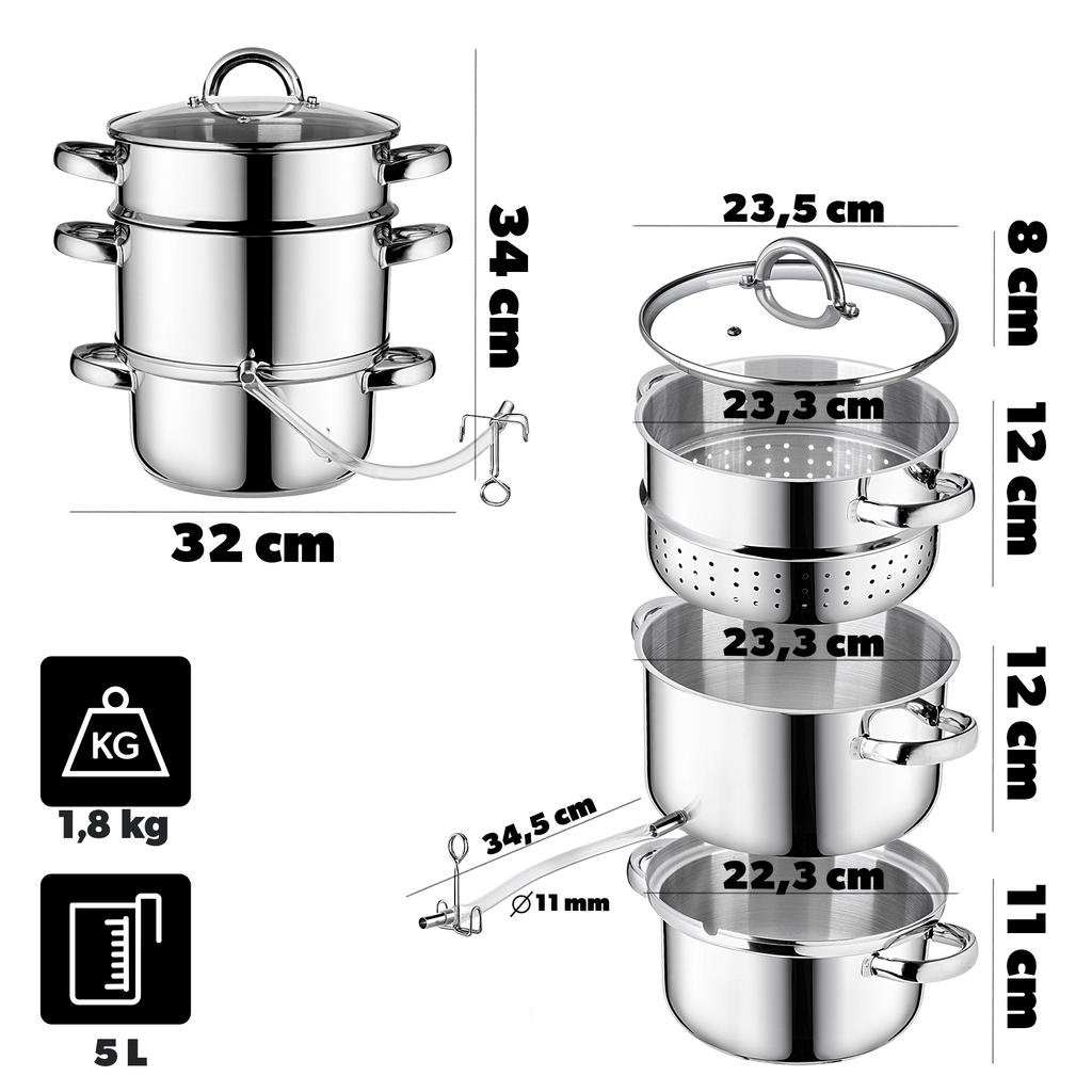 KADAX Juicer Pot 5L Stainless Steel Steamer For Induction Induction Gas Steel 3IN1