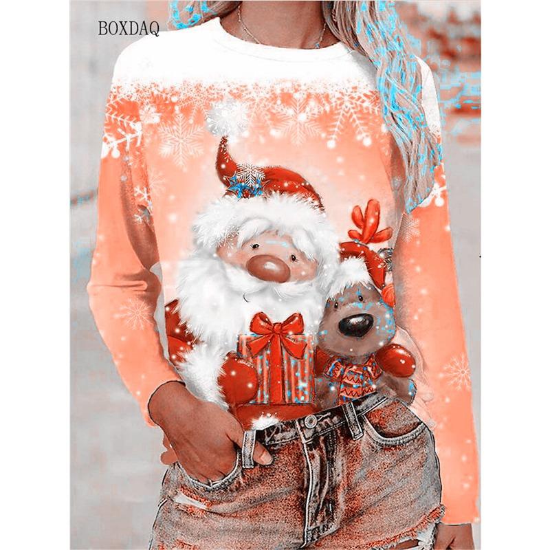 Women Clothing Christmas T-shirts Autumn Winter Long Sleeve 3d Santa Claus And Snowman Print Cartoon Cute Lady Tops