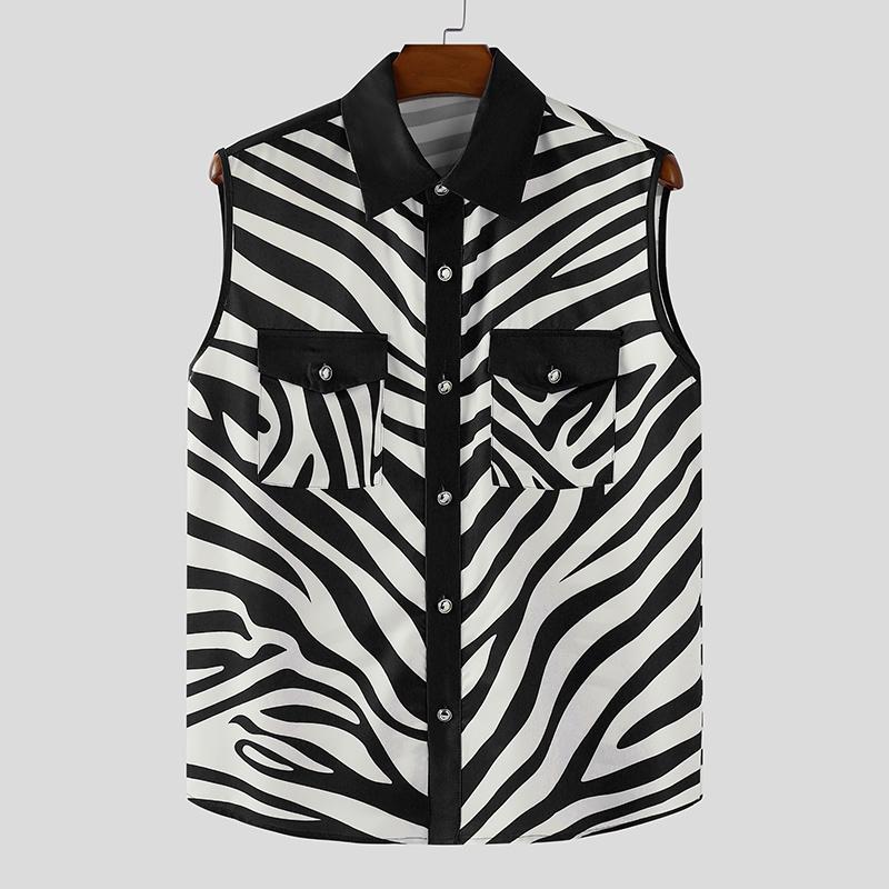 

INCERUN Men Lapel Neck Sleeveless Striped Print Button Casual Loose Shirt Tops M чёрный