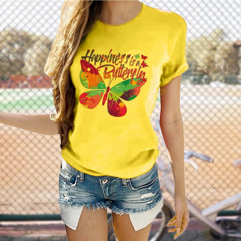 

Europe and United States Summer Women s Round Neck Butterfly Print Short-sleeved Women s T-shirt Tops Oversized M