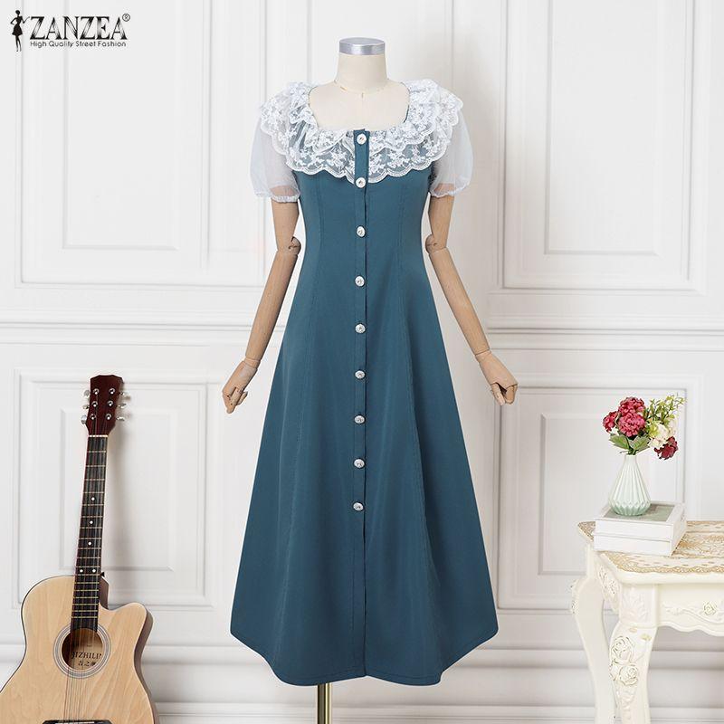 ZANZEA Women Lace Patchwork Round Neck Casual Short Sleeve Long Dress