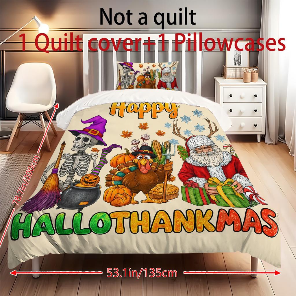 Duvet Cover Printed With Christmas Decoration Super Soft Brushed Microfiber Double Bed Comfortable Set With Zipper Closure And 2 Pillowcases