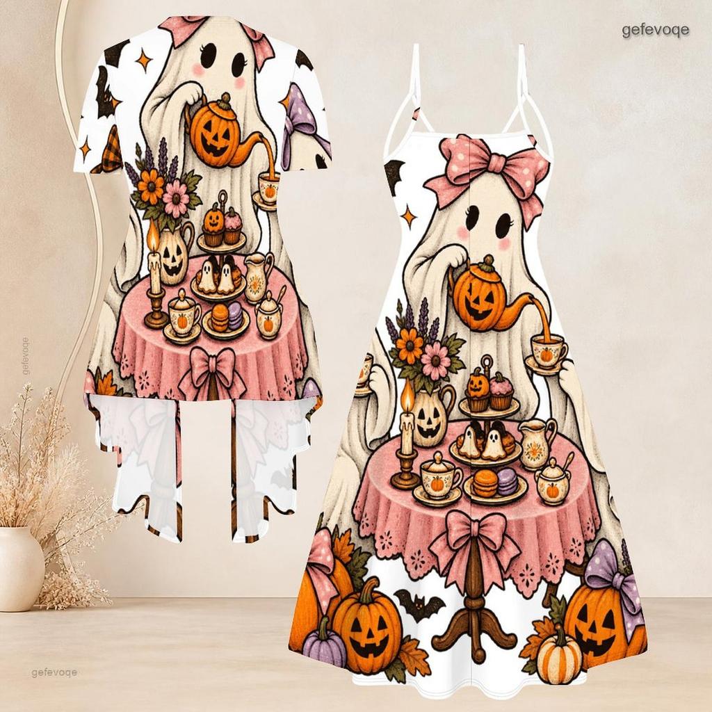 Women Plus Size 2 Piece Outfits Short Sleeve Open Cardigan V Neck Strappy Flared Dress Halloween Raccoon Printed White