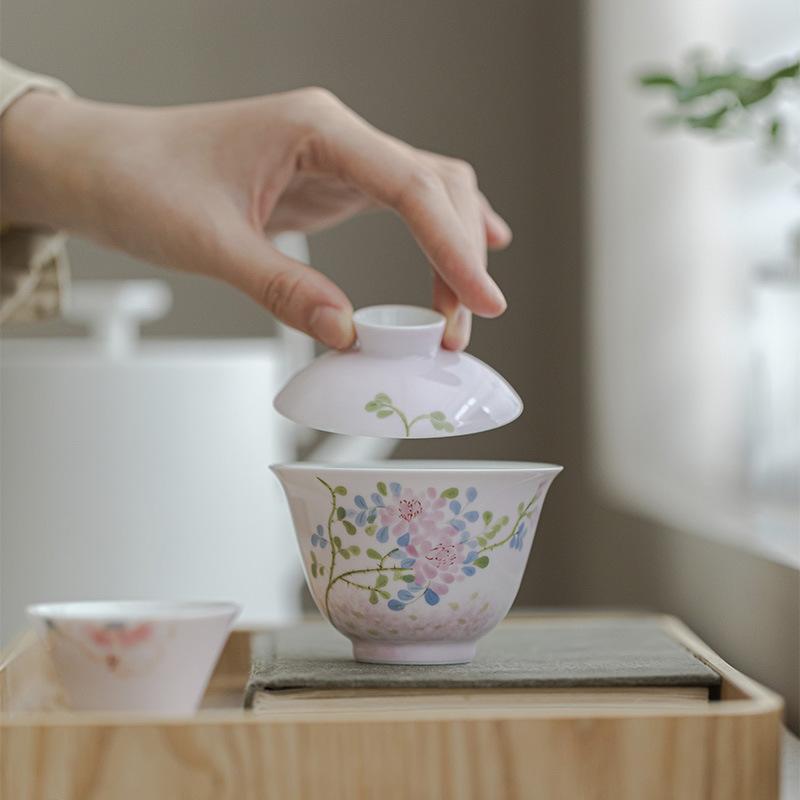 Apricot Pink Glaze Gaiwan Hand Painted Ceramic Gongfu Tea Set Traditional Chinese Brewing Cup Home Use Teaware Gift