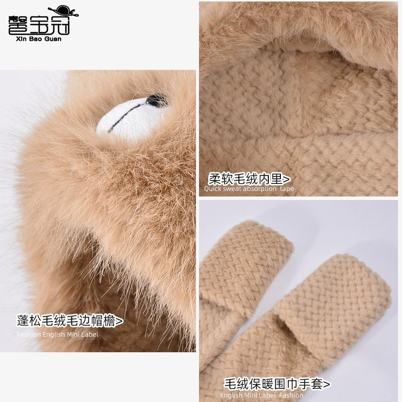 Plush hat, scarf, gloves, integrated hat, female cute fashion ear protection pullover hat, winter warm and cold three-piece set