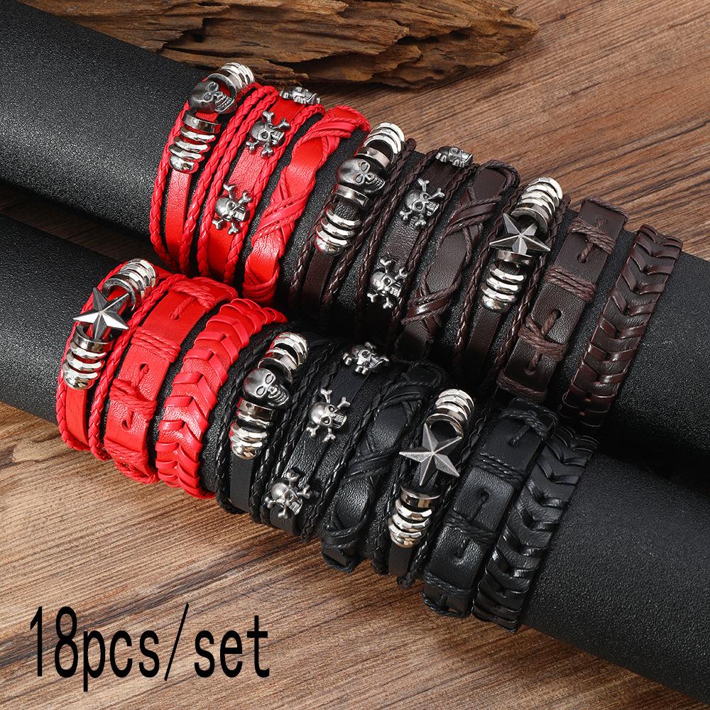 Foreign Trade Direct Supply Multi-color Alloy Skull Woven Leather Jewelry Men's Multi-layer Hand-woven Bracelet