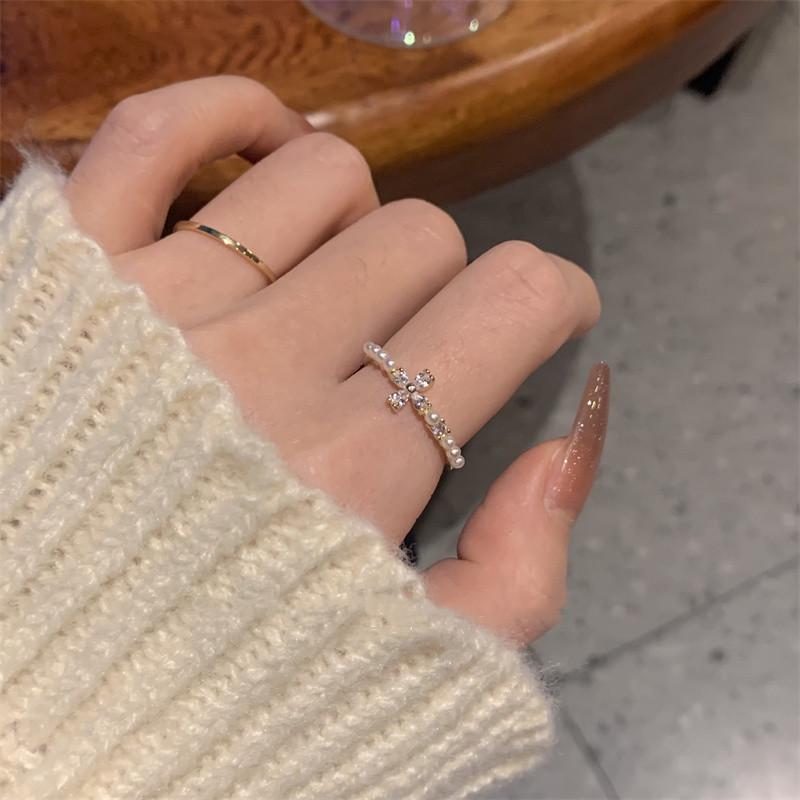 Double Row Pave Diamond Adjustable Open Ring - Women's Trendy Cold Style Niche Design