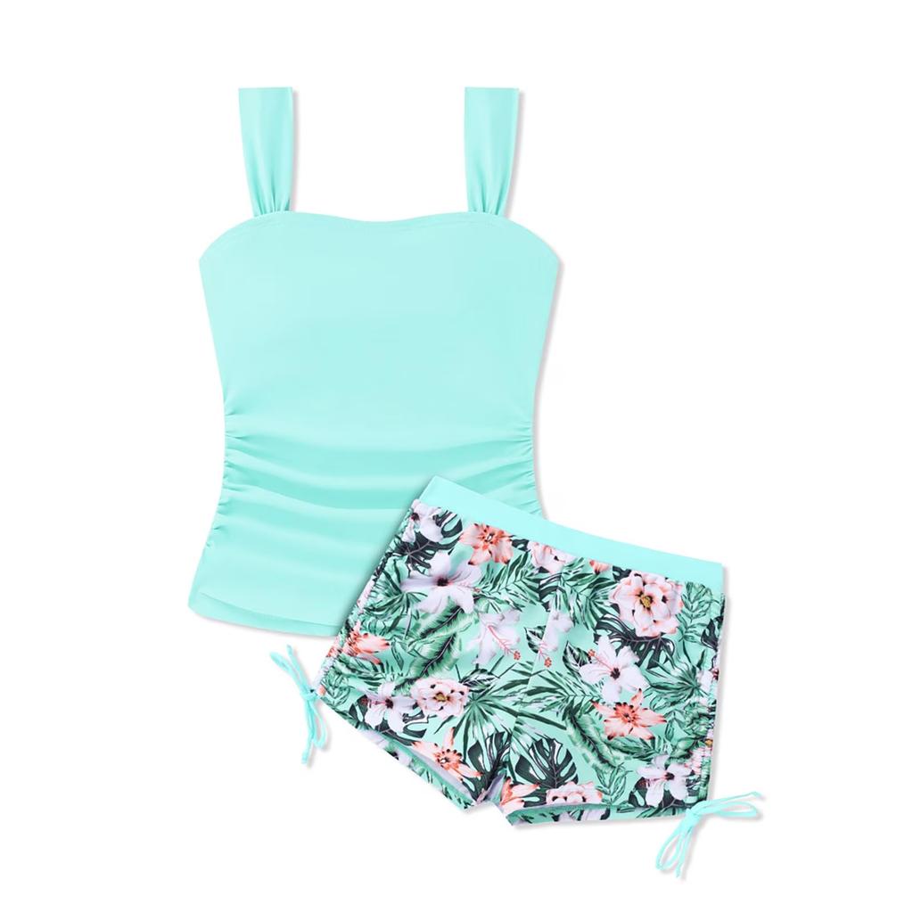 Girls Two Piece Swimsuit Tankini Top with Adjustable Straps and Floral Print Swim Shorts Lightweight Quick Dry Beachwear Set