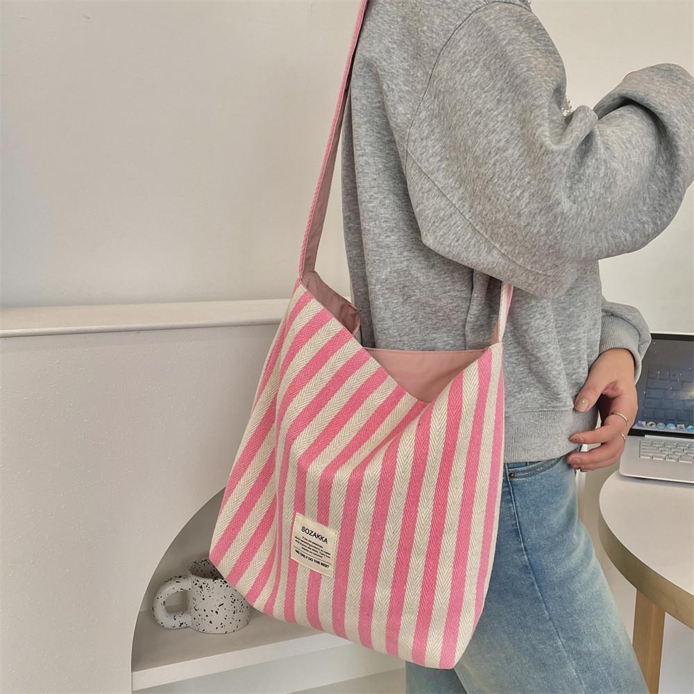 Trendy Yellow Striped Canvas Shoulder Bag For Women Fashionable Versatile Tote