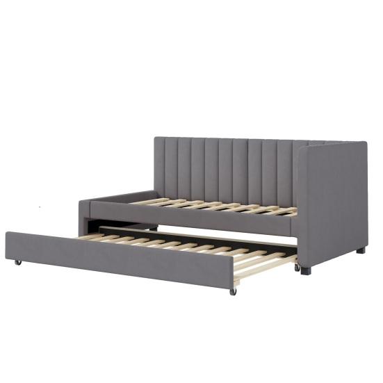 90x200cm Velvet Fabric Upholstered Bed with Pull-out Bed Headboard Line Texture Strong Wood Slat Support Bed Home Furniture, Grey