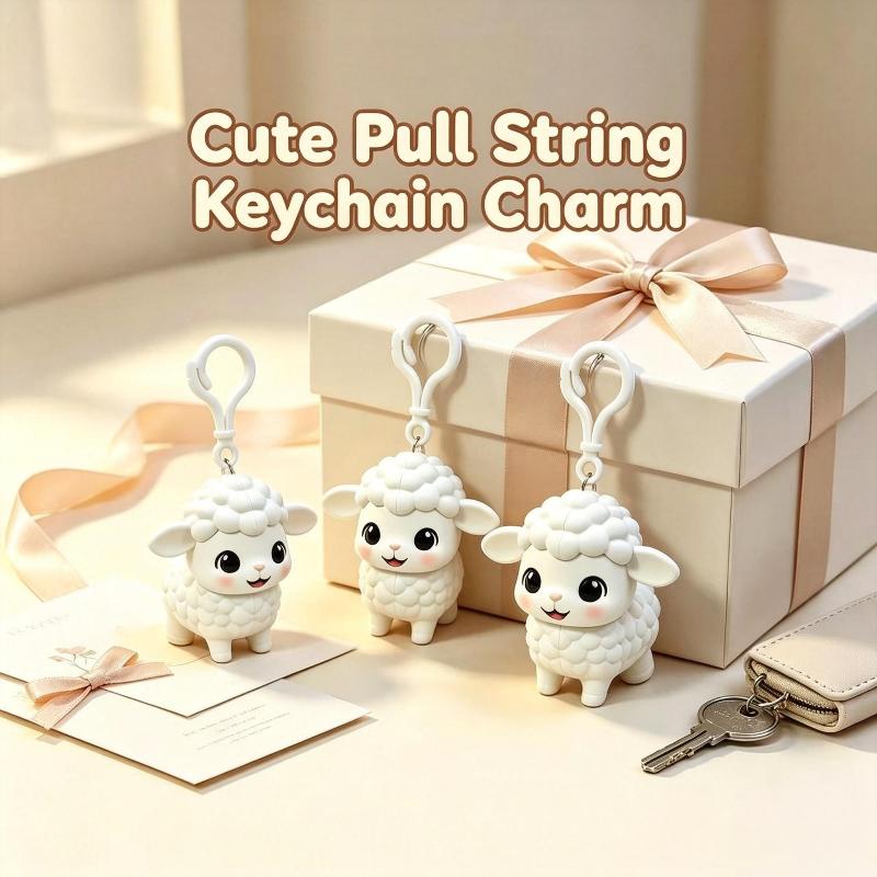 Pull String Sheep Keychain Whimsical Retractable Animal Toy Pendant Kawaii Charm for Car Keys Bag Girls Small Gift