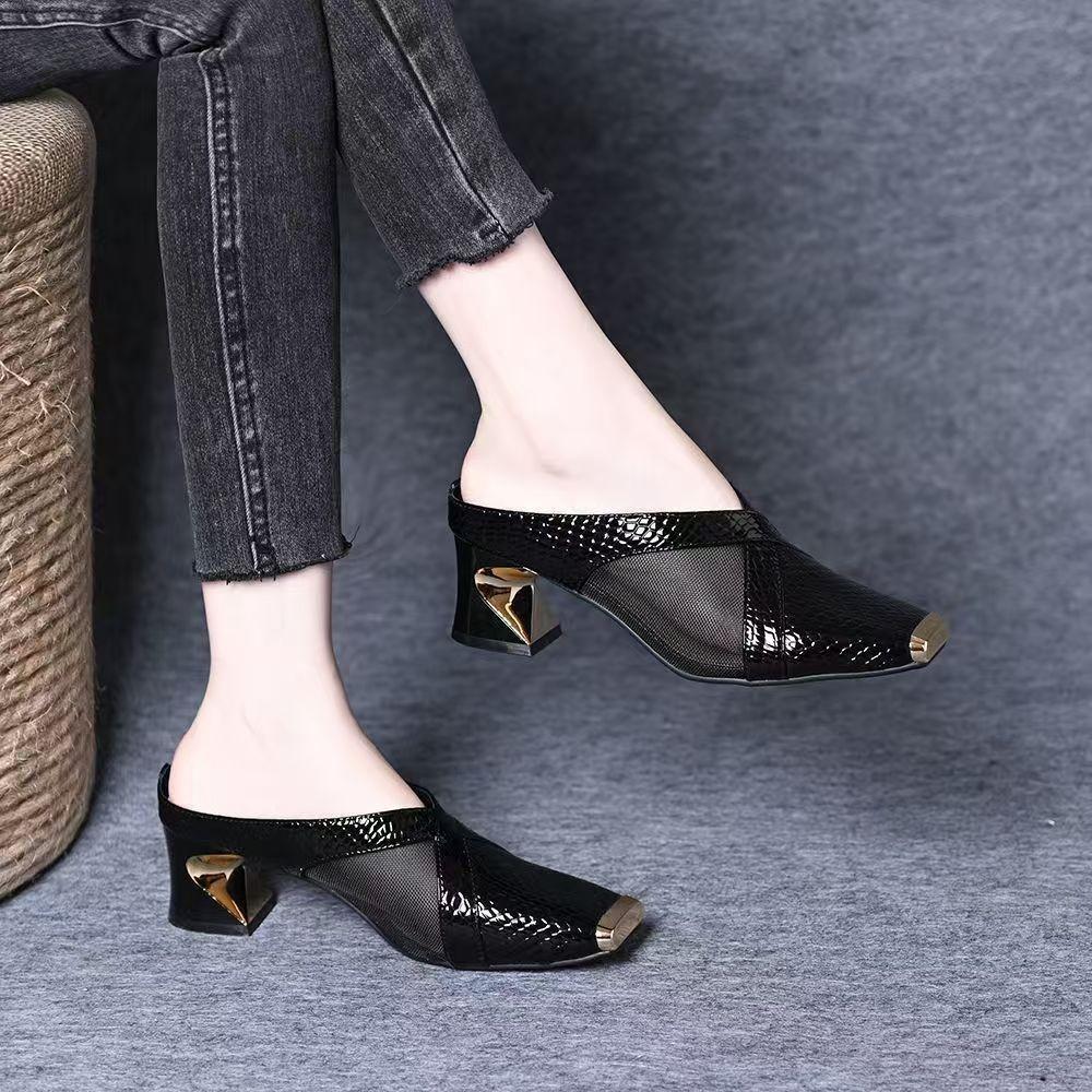 2025 summer French metal pointed middle heel half slippers women wear new commuter bag head sandals thick heel high heels