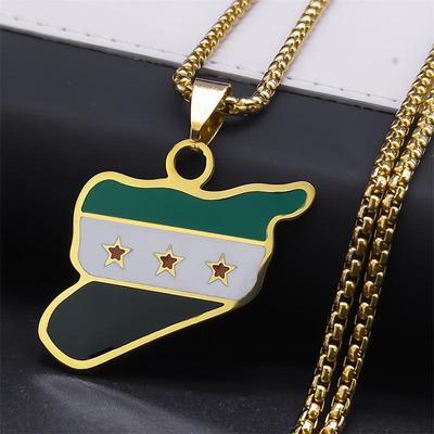 Syrian Flag Map Necklace: Vintage Stainless Steel Drip Oil Pendant Sweater Chain