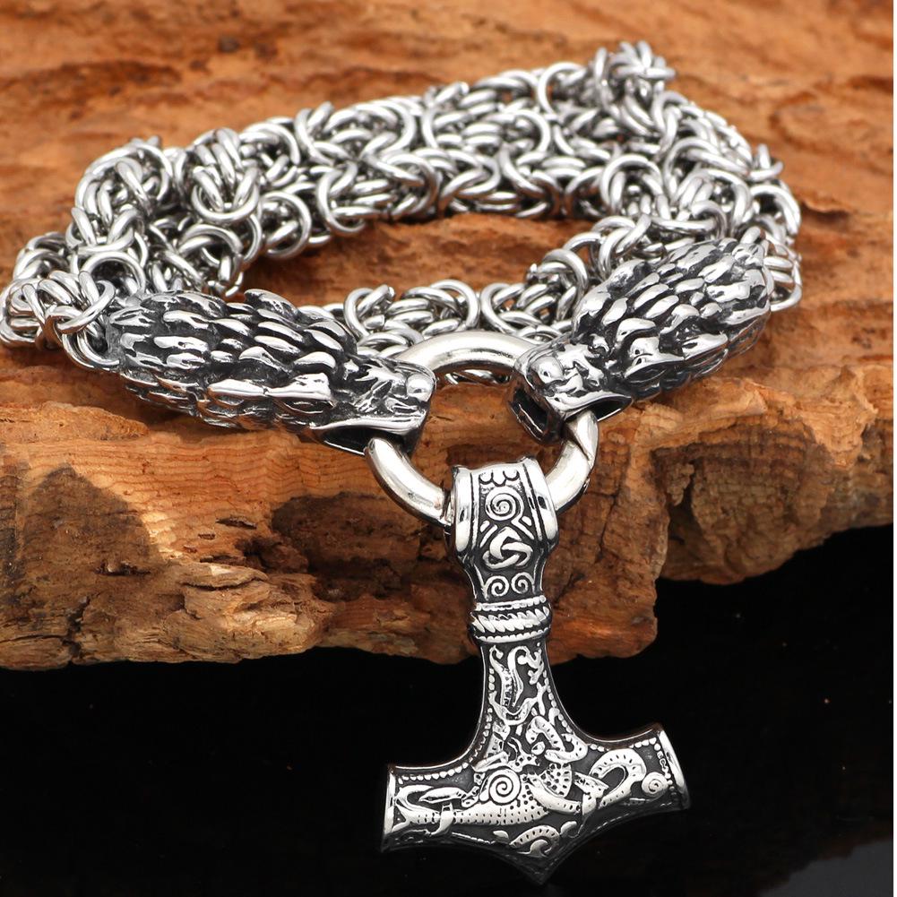 Viking Double Dragon Thor s Hammer Men s Pendant Titanium Steel Necklace Amulet Jewelry