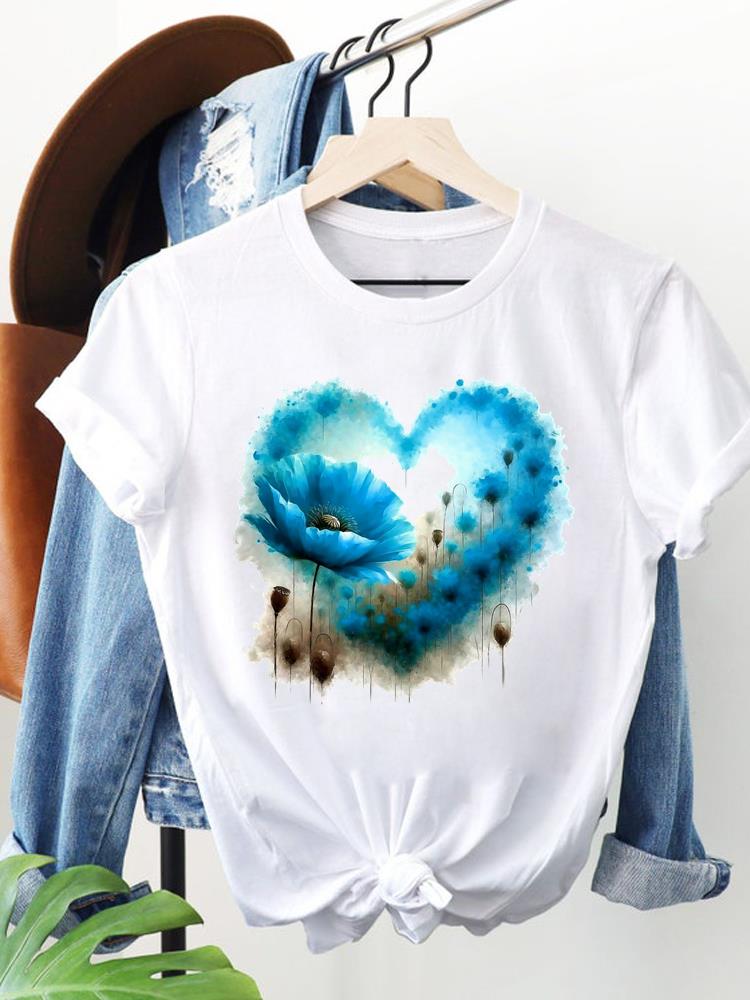 (Asian Size) Trend Flower Lovely Clothing Women Fashion Print Short Sleeve Tee Top Female T Shirt Woman Graphic T-shirts