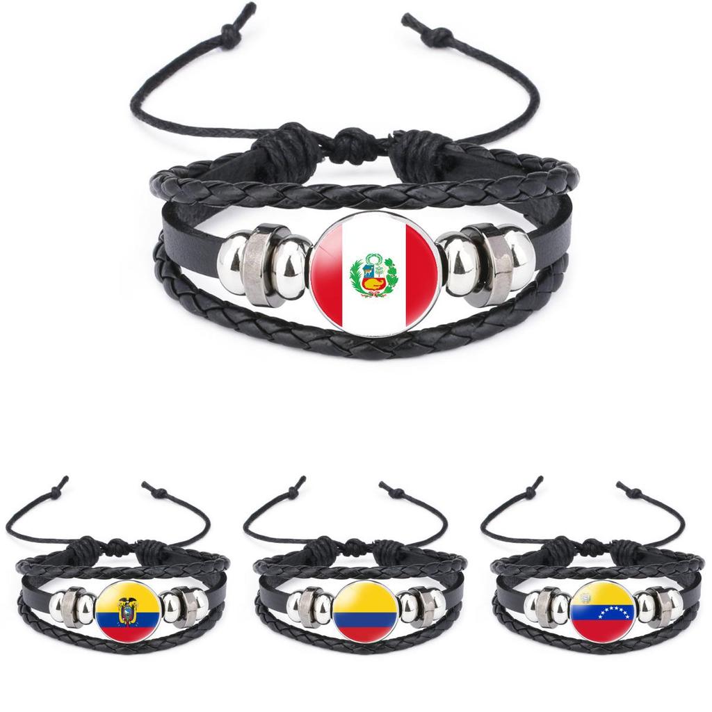 Unique South American Flag Time Gem Black Leather Multilayer Braided Bracelet