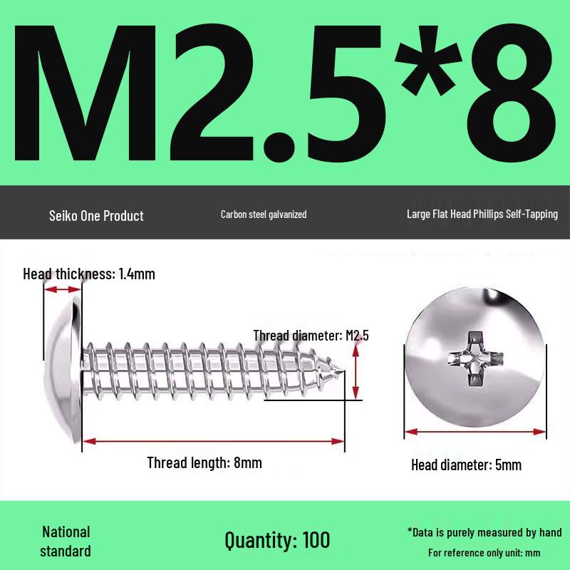 Galvanized M3 Phillips Flat Head Self-Tapping Wood Screws, High-Strength, Large Head
