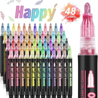 Dreamy Double-Line Outline Pen Set - 48 Glittering Metallic Colors for Scrapbooking & Christmas Doodling