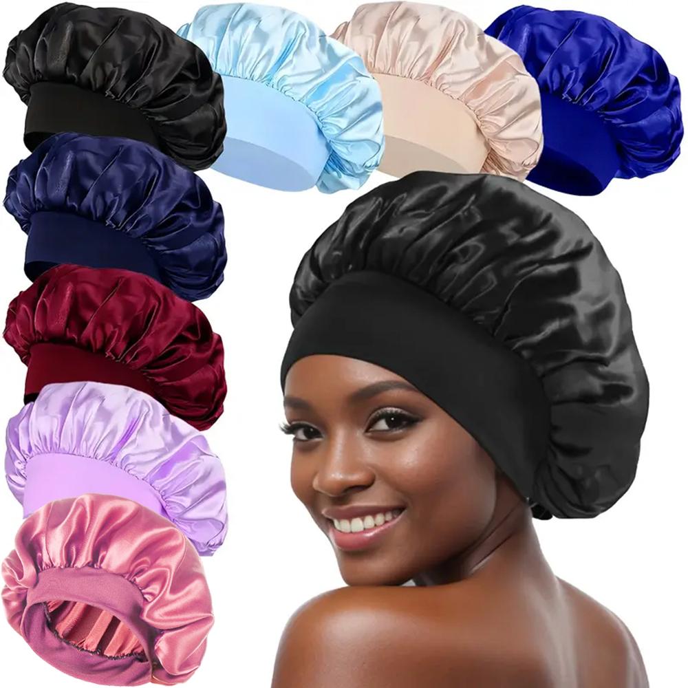 8pcs Silky Satin Bonnet Reusable Elastic Wide Band Shower Cap Sleep Cap Hair Protection Cap For Women Curly Hair Natural Hair