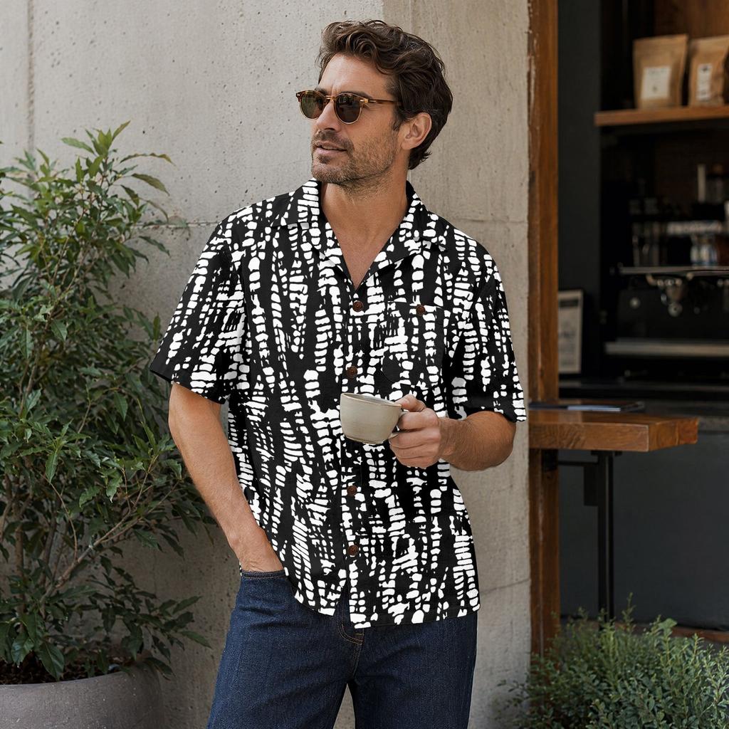 Men’s Spring Summer Casual Shirt Cotton Linen Short Sleeve Button Down Collared Top with Abstract Print Lightweight Relaxed Fit