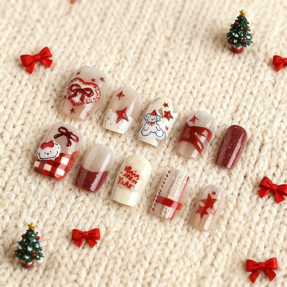 

3D Embossed Cat Eye Nails: New Year Atmosphere, Ultra-Short Ladder with Cute Little Bear Design, 30 Detachable Pieces