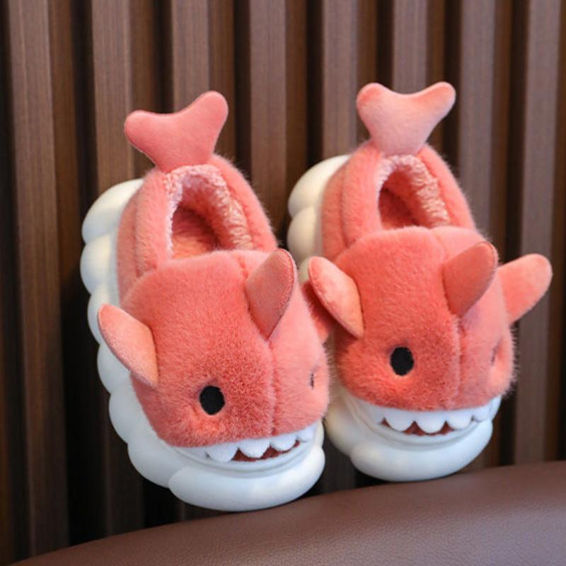 1 Pair Youngsters' Shark Plush Slippers - Soft Fleece-Lined Slip-On Indoor/Outdoor House Shoes with Cartoon Shark Design, Non-Slip PVC Sole