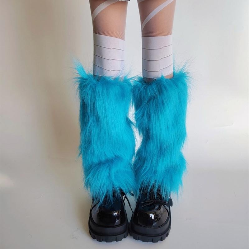 Women's Fuzzy Bright Blue Leg Warmers Soft Plush Winter Accessory for Costume Parties Furry Boot Toppers Footless Socks
