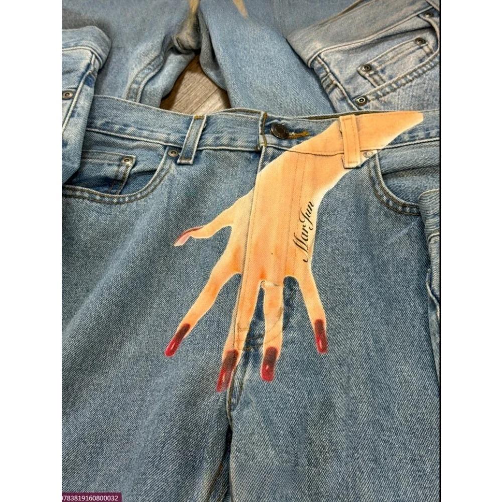 ZYLLO Streetwear Jeans Y2K Gothic Hip Hop Finger Graphic Print Retro Blue Baggy Jeans Men Women Fashion High Waisted Wide Leg Trousers