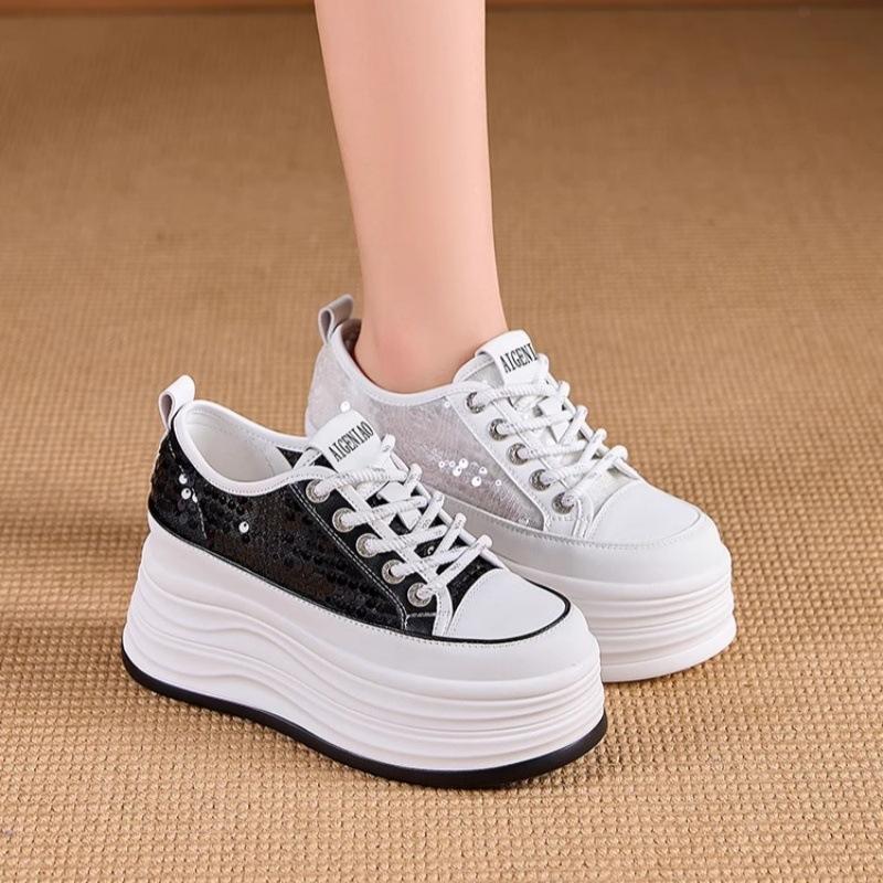 Little white shoes women's 2025 spring new sequined mesh breathable casual shoes versatile thick sole inner height increase 10CM women's shoes