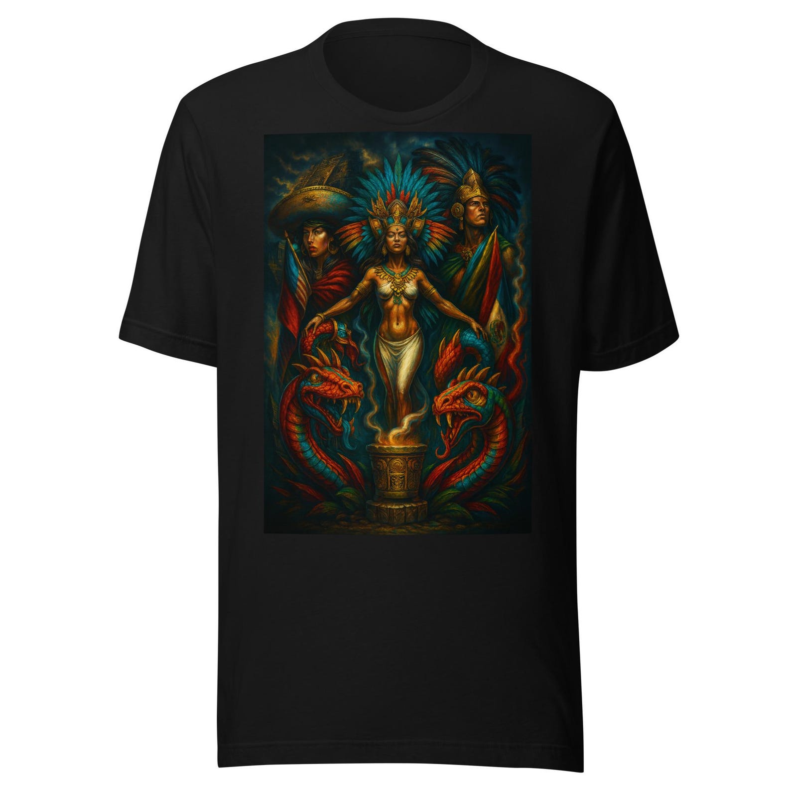 Aztec Goddess Art T-Shirt – Mexican Cultural Mythic Illustration Tee 2XL