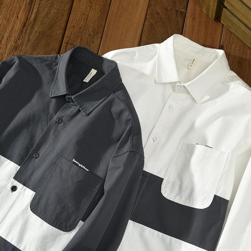 Japanese Style Workwear Men Tops Spring/Autumn Casual Long Sleeve Pure Cotton Loose Shirt Stitching Youth Popular Shirts with Pocket