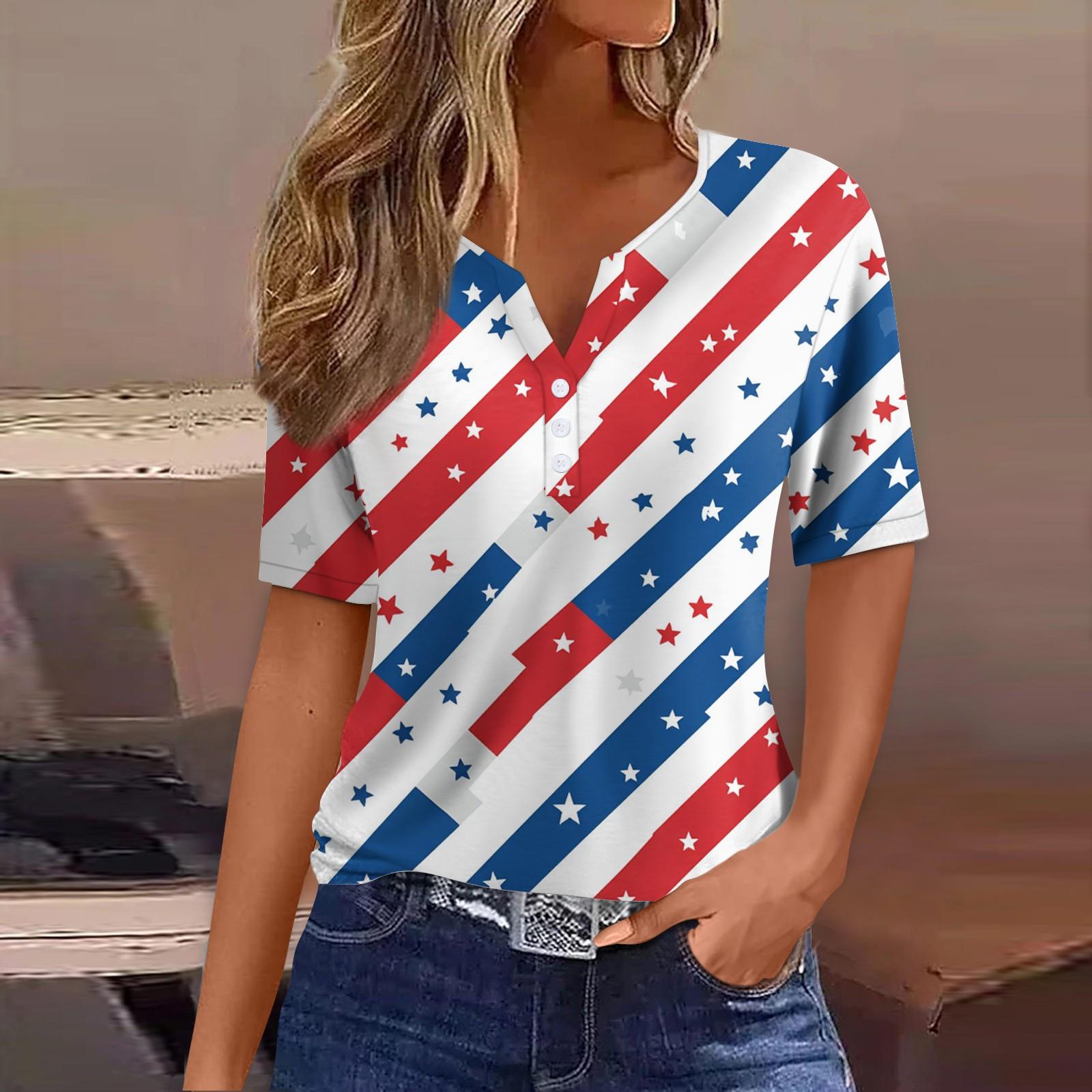 

Women s Fashion Casual Independence Day Print V-neck Short Sleeve Decorated Button T-shirt Top L білий
