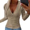 Women Knitwear Autumn Solid Color Tops Deep V-neck Sweater Long Sleeve Blouse Elegant Slim Fit Buttons Decor Ribbed Pullover Tops