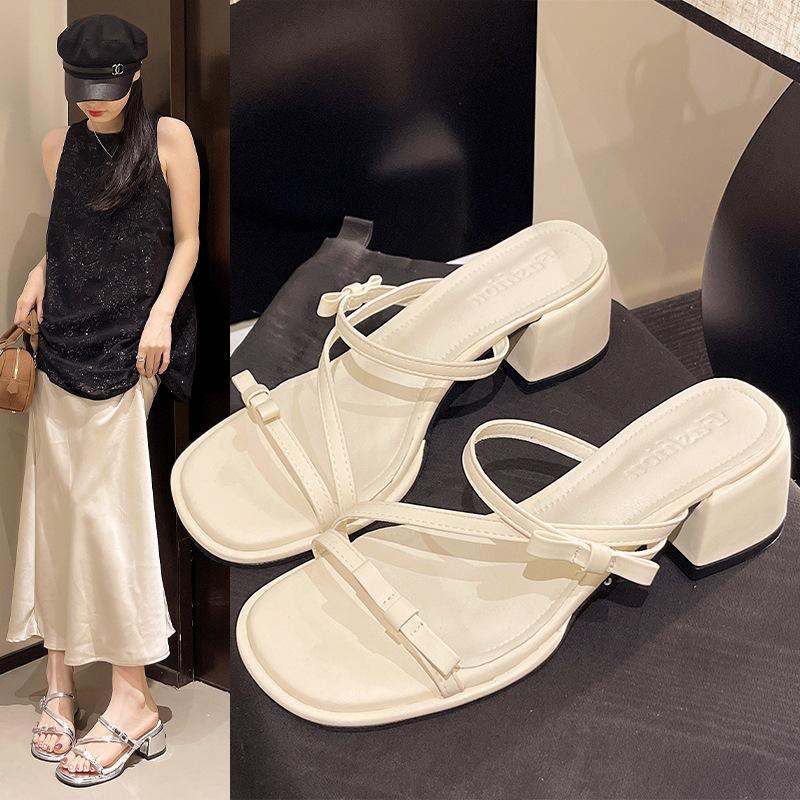 Fashion beauty with one-word thick heel women's sandals bow open-toe temperament silver high-heeled cool slippers women's summer wear