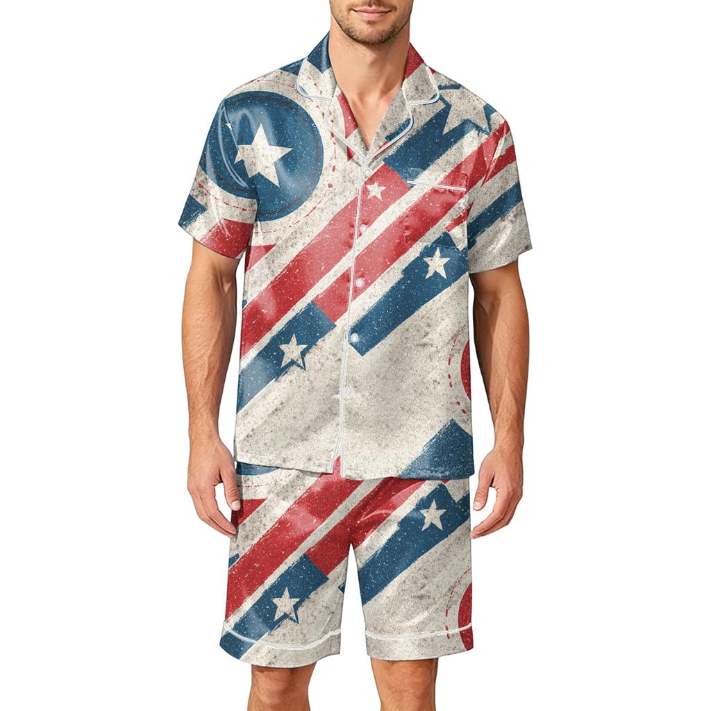 Men Satin Short Sleeve Pajama Set Two Piece Lightweight Sleepwear with Shorts and Pockets Comfortable Lounge Wear for Home