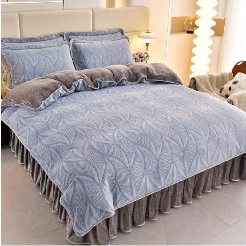 Thickened Milk Fleece Four-Piece Coral Fleece Quilt Cover, Bed Sheet Fleece Double-Sided Fleece Flannel Bedding, Bed Skirt
