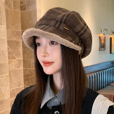 Béret à carreaux à poils doux et polyvalent pour femmes en automne et en hiver, chapeau octogonal décontracté plus velours épaissi, chapeau de peintre chaud et chaud