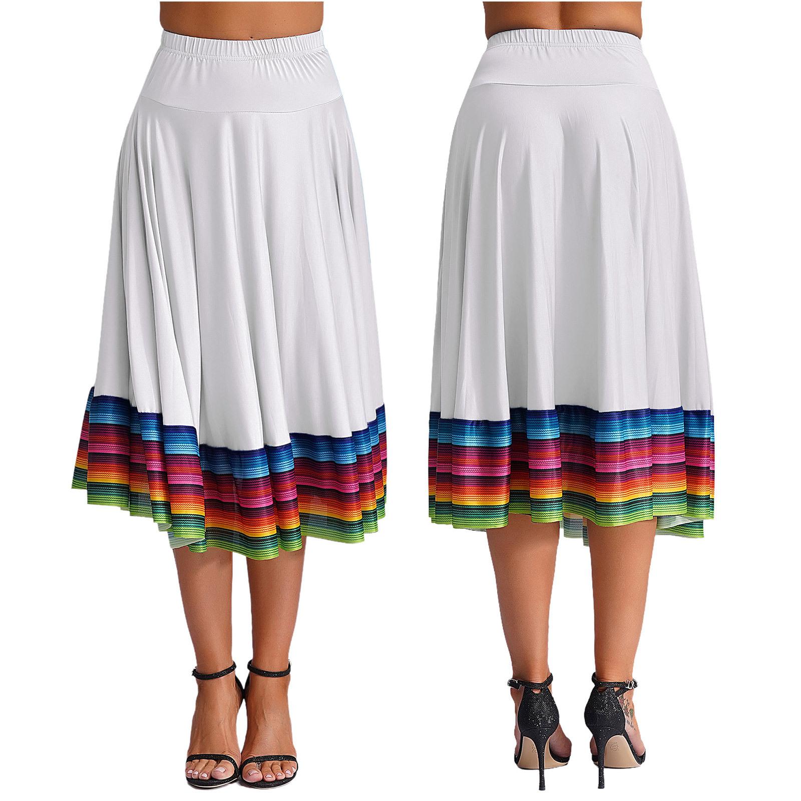 

Womens Colorful Stripe Hem Skirt Elastic Waistband Flamenco Ballroom Dance Folk Dancing Stage Performance Skirt 3XL