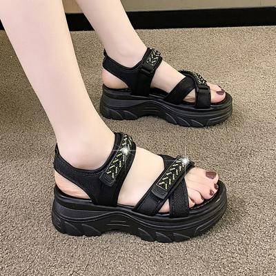 Korean Version of Sports Style Sandals Women's Muffin Bottom Open-toed Breathable Rhinestone Sandals Women's Thick-soled Velcro Beach Sandals Women