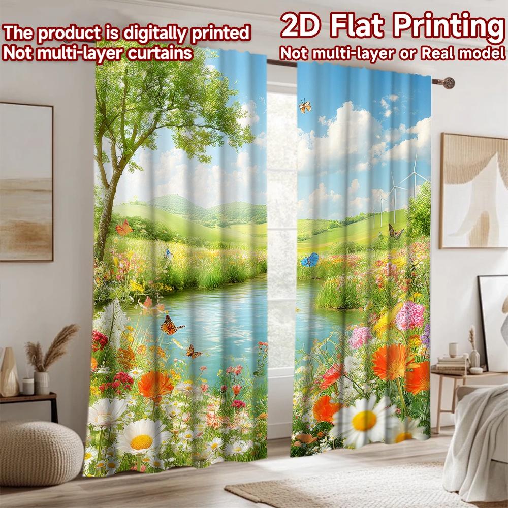 2D Flat Printing 2pcs Drapes Colorful Butterfly Meadow Lake Landscape Digital Printed Polyester Drapes Festive Wall Decor for