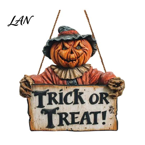 Halloween Hanging Decorations Trick or Treat Door Sign, with Scare Pumpkin Pattern, Vintage Style Seasonal Ornaments Wood Hanger, for Indoor