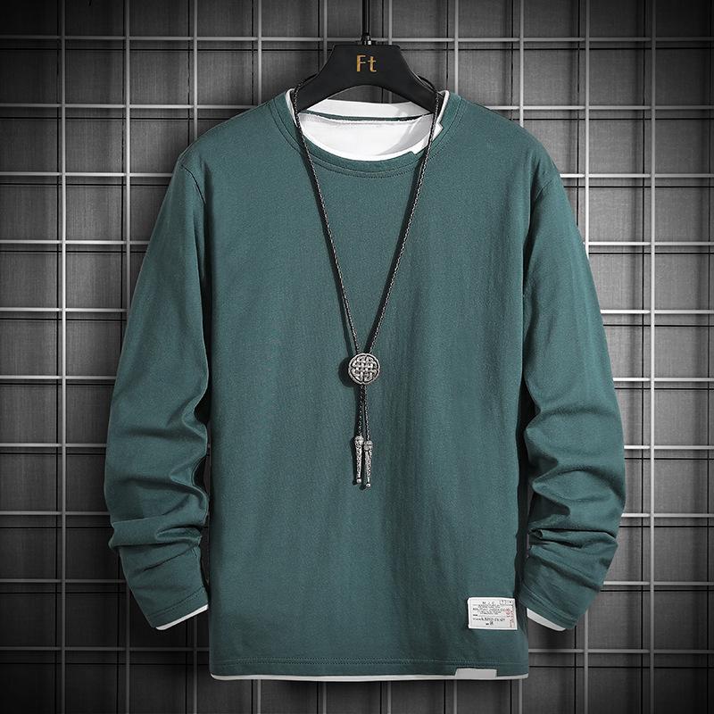 

Spring Autumn Fake Two Pieces Cotton T-shirt Male Long Sleeve Casual Tee Men All-match Bottomed Pullover Tee 4XL джинсовий синього кольору