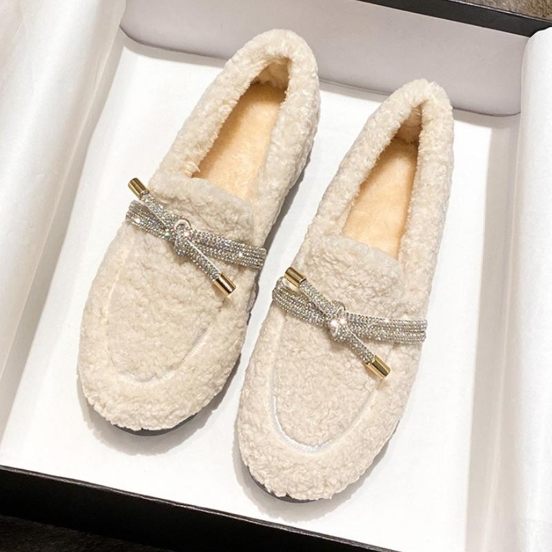 Fashion Luxury Crystal Bow Decoration Brand Designer Shoes Comfortable Flurry Loafers Women Winter new Warm Non-slip Flat Casual Shoes