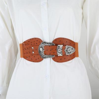 Simple Pin Buckle Retro Carved Buckle Elastic Waist Belt Metal Buckle Belt  Clothing Accessories