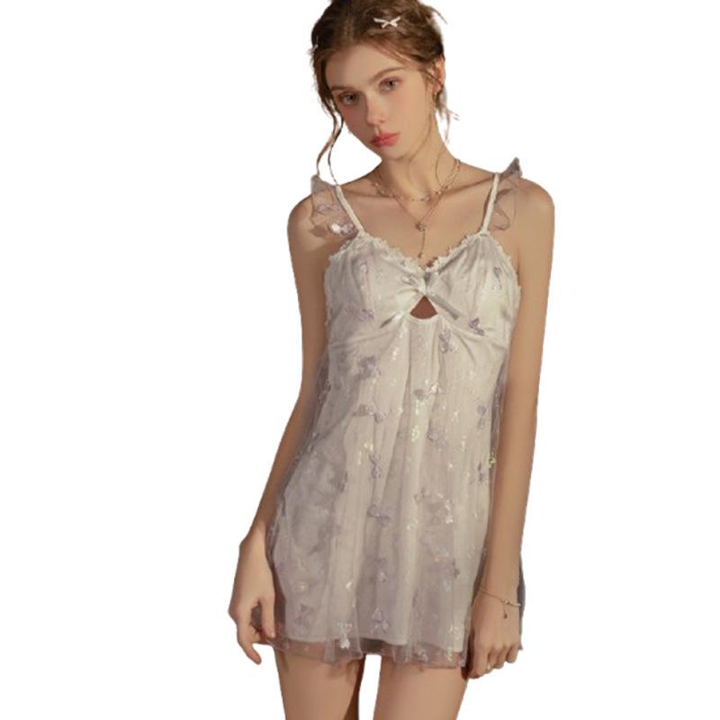 Women's Satin Mesh Butterfly Embroidered Deep V Padded Backless Tie Sleep Dress